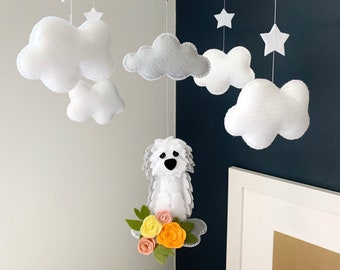 Girl Nursery Custom Felt Dog Mobile, Flowers, Clouds, Stars