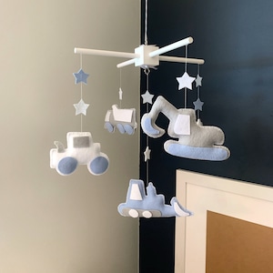 Baby Mobile boy, construction trucks baby nursery, baby mobile boy, trucks nursery decor, baby crib mobile boy, blue and gray nursery decor