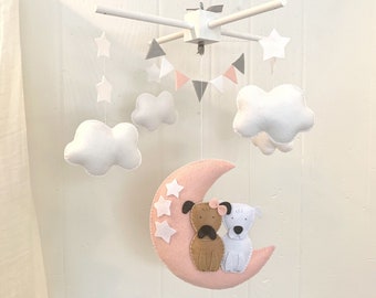 Custom dog baby mobile - pink and white baby crib mobile - baby decor dogs - moon and clouds felt baby mobile - baby crib mobile puppies