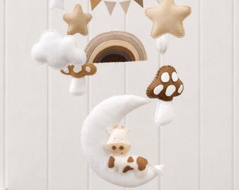 Cow Over The Moon Baby Mobile, Neutral Nursery Decor