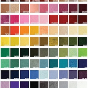 Pu&ograve; includere: Una tabella colori che mostra novantanove campioni quadrati di feltro in misto lana merino in varie tonalit&agrave;, tra cui marrone, rosa, rosso, arancione, giallo, verde, blu, viola, grigio e bianco, con ogni colore etichettato con il proprio nome.