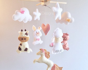 Felt Animal Baby Mobile – Unicorn, Cow, Bunny Crib Decor