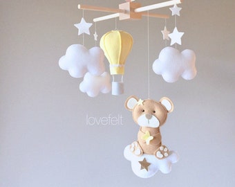 Baby mobile - bear mobile - clouds mobile - teddy bear mobile - yellow and gray mobile - neutral mobile