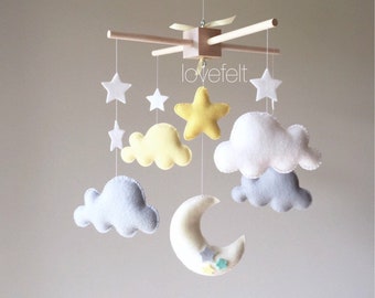 Baby mobile gender neutral - clouds nursery decor - Baby mobile - cloud mobile - moon clouds mobile - yellow and gray mobile