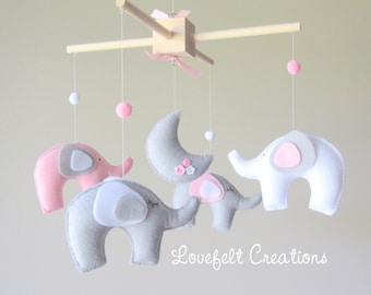 Baby mobile elephant - baby mobile - elephant mobile - pink and gray mobile