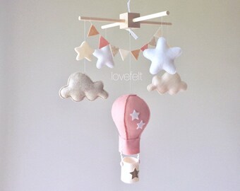 Baby Crib Mobile - Baby mobile - hot air balloon mobile - Baby Mobile clouds - clouds and stars mobile - blush and gold mobile