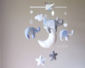 Baby Crib Mobile - Baby Mobile - elephant mobile Mobile - gray and green mobile - baby mobile elephants - elephant nursery - moon stars