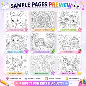 May include: A collection of nine black and white coloring pages featuring a bunny, mandala, flowers, fairy, landscape, desserts, snowman, abstract patterns, and a unicorn. The text includes SAMPLE PAGES PREVIEW, ADORABLE ANIMALS, DETAILED MANDALAS, BEAUTIFUL FLORALS, LOVELY CHARACTERS, SCENIC LANDSCAPES, TASTY TREATS, SEASONAL THEMES, ABSTRACT DESIGNS, MAGICAL FANTASY, HIGH QUALITY, PRINT AT HOME, COLOR DIGITALLY, ENDLESS FUN, and PERFECT FOR KIDS & ADULTS.