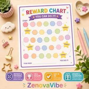 Puede incluir: Una tabla de recompensas impresa en papel blanco con un borde morado, que presenta el texto REWARD CHART y YOU CAN DO IT. La tabla incluye un camino de espacios octogonales coloridos, iconos de estrellas amarillas con la etiqueta REWARD y una l&iacute;nea para YOUR PRIZE.