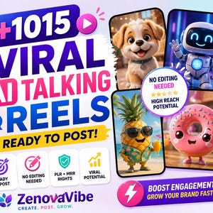 May include: A digital marketing graphic featuring the text +1015 VIRAL AI TALKING REELS READY TO POST! It displays four character images: a puppy, a robot, a pineapple wearing sunglasses, and a pink donut. Includes ZenovaVibe branding and icons.