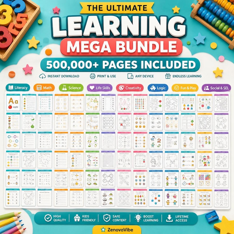 K&ouml;nnte beinhalten: Ein Lern-Mega-Bundle mit dem Text "THE ULTIMATE LEARNING MEGA BUNDLE" und "500.000+ PAGES INCLUDED". Das Bundle enth&auml;lt Lese-, Mathe-, Naturwissenschafts-, Lebenskompetenz-, Kreativit&auml;ts-, Logik-, Spiel- und Sozial- und SEL-Aktivit&auml;ten. Enth&auml;lt Bleistifte und einen Abakus.