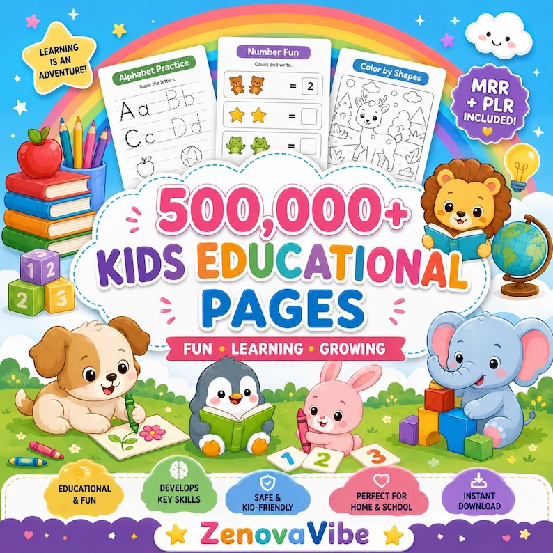 K&ouml;nnte beinhalten: Eine farbenfrohe Lernillustration mit dem Text "500.000+ KIDS EDUCATIONAL PAGES". Das Bild enth&auml;lt Illustrationen eines Welpen, eines Pinguins, eines Hasen und eines Elefanten sowie &Uuml;bungsbl&auml;tter f&uuml;r Alphabet und Zahlen. Der Text "LEARNING IS AN ADVENTURE!" ist ebenfalls enthalten.