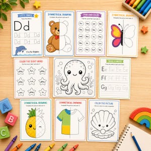 Puede incluir: Una colecci&oacute;n de diez tarjetas de actividades educativas con tareas como trazar letras, dibujo sim&eacute;trico y colorear. Las tarjetas muestran ilustraciones de un delf&iacute;n, oso, mariposa, pulpo, pi&ntilde;a, camiseta y una concha marina.