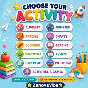 K&ouml;nnte beinhalten: Eine farbenfrohe Lern-Grafik mit dem Text "CHOOSE YOUR ACTIVITY". Sie zeigt Optionen wie Alphabet, Numbers, Tracing, Shapes, Coloring, Reading, Sight Word, Events, Flashcards, Pretend Play und Activities & Games. Enth&auml;lt eine Rakete, B&uuml;cher und Bleistifte.