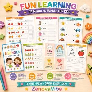 Puede incluir: Una colecci&oacute;n de materiales educativos imprimibles para ni&ntilde;os titulada Fun Learning Printables Bundle for Kids. El conjunto incluye hojas de trabajo de suma, resta, ortograf&iacute;a, emparejamiento y trazo de letras, junto con tarjetas did&aacute;cticas.