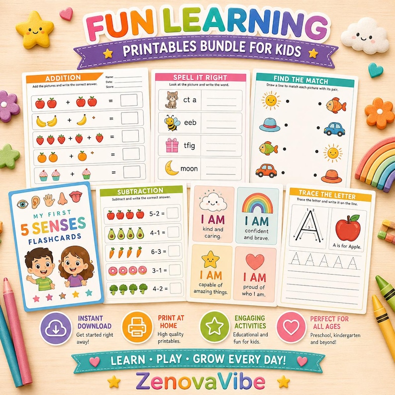 Puede incluir: Una colecci&oacute;n de materiales educativos imprimibles para ni&ntilde;os titulada Fun Learning Printables Bundle for Kids. El conjunto incluye hojas de trabajo de suma, resta, ortograf&iacute;a, emparejamiento y trazo de letras, junto con tarjetas did&aacute;cticas.