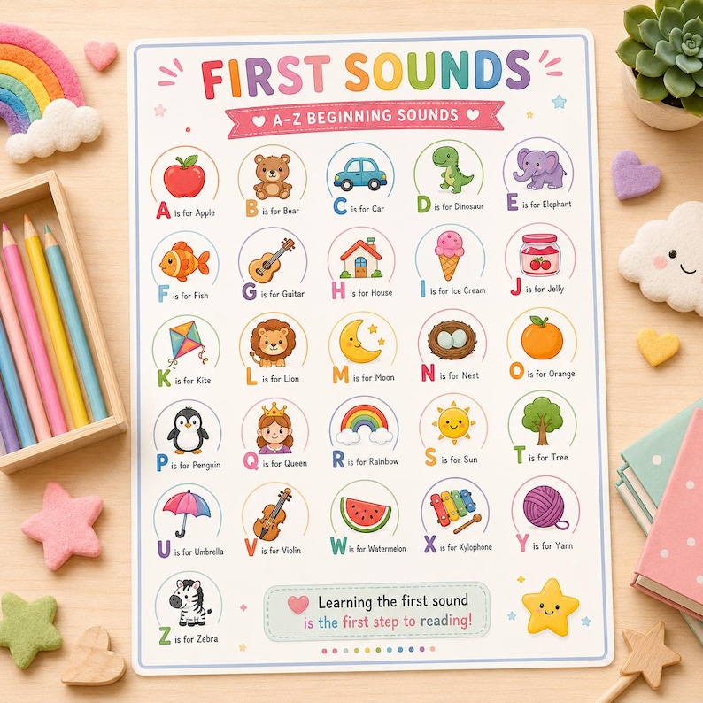 Puede incluir: Un p&oacute;ster educativo rectangular titulado FIRST SOUNDS A-Z BEGINNING SOUNDS, que presenta ilustraciones coloridas para cada letra del alfabeto desde A for Apple hasta Z for Zebra, con el texto Learning the first sound is the first step to reading.
