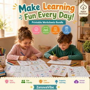 K&ouml;nnte beinhalten: Zwei Kinder sitzen an einem Holztisch und bearbeiten Arbeitsbl&auml;tter. Das Bild zeigt den Text "Make Learning Fun Every Day!" und "Printable Worksheets Bundle." Symbole zeigen Drucken und Verwenden, jedes Ger&auml;t, F&auml;higkeiten verbessern und Spa&szlig; und Engagement. Die Arbeitsbl&auml;tter sind f&uuml;r Kinder.