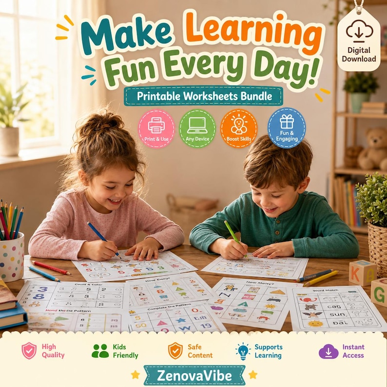 K&ouml;nnte beinhalten: Zwei Kinder sitzen an einem Holztisch und bearbeiten Arbeitsbl&auml;tter. Das Bild zeigt den Text "Make Learning Fun Every Day!" und "Printable Worksheets Bundle." Symbole zeigen Drucken und Verwenden, jedes Ger&auml;t, F&auml;higkeiten verbessern und Spa&szlig; und Engagement. Die Arbeitsbl&auml;tter sind f&uuml;r Kinder.