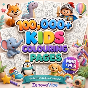 May include: A colorful image promoting kids' coloring pages. The text reads "100,000+ KIDS COLOURING PAGES" with various cartoon characters and coloring pages. The image includes a fox, dinosaur, knight, elephant, unicorn, penguin, puppy, and a camera.