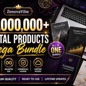 May include: A digital product bundle advertisement featuring the text 55,000,000+ DIGITAL PRODUCTS Mega Bundle and ZenovaVibe logo. The image displays various business, marketing, and social media templates, planners, and branding kits on a dark background.