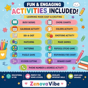 K&ouml;nnte beinhalten: Buntes Lernposter mit der Aufschrift "FUN & ENGAGING ACTIVITIES INCLUDED!". Es listet Aktivit&auml;ten wie Arbeitsb&uuml;cher, Aufgabenlisten und Puzzlespiele auf. Konzipiert f&uuml;r Zuhause und Schule.