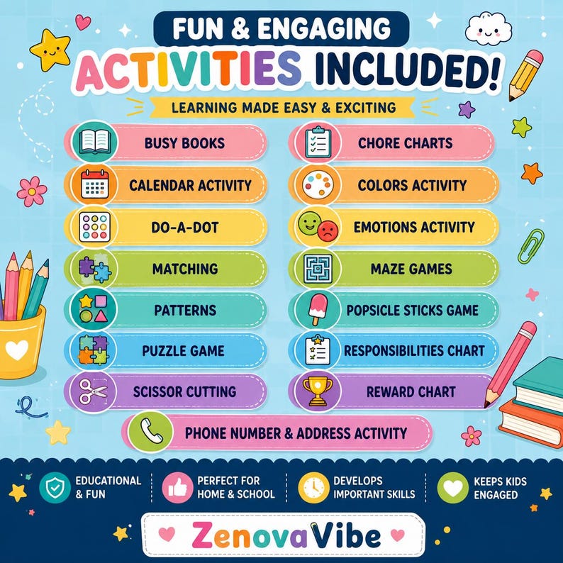 K&ouml;nnte beinhalten: Buntes Lernposter mit der Aufschrift "FUN & ENGAGING ACTIVITIES INCLUDED!". Es listet Aktivit&auml;ten wie Arbeitsb&uuml;cher, Aufgabenlisten und Puzzlespiele auf. Konzipiert f&uuml;r Zuhause und Schule.