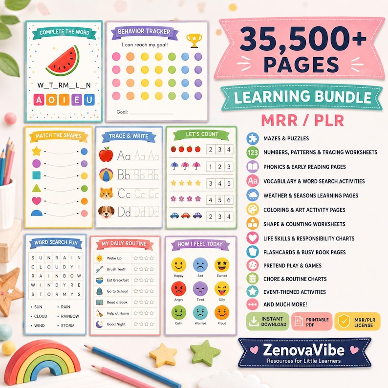 Puede incluir: Un paquete de aprendizaje digital con m&aacute;s de 35,500 p&aacute;ginas de hojas de trabajo educativas, que incluyen rastreadores de comportamiento, juegos de palabras, ejercicios de escritura, conteo, tablas de rutinas diarias y rastreadores de emociones.