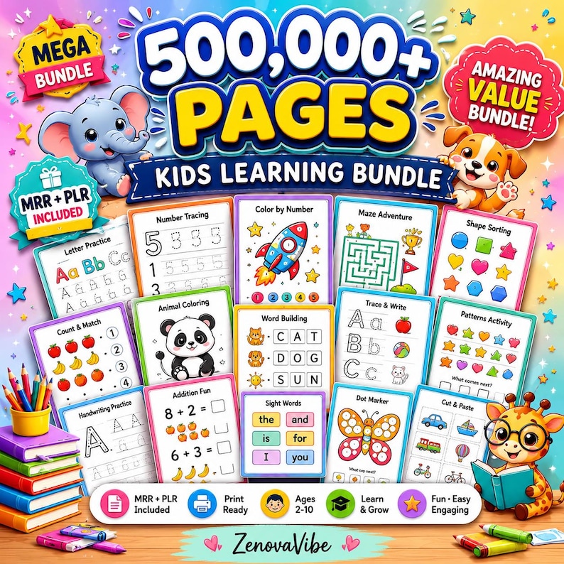 K&ouml;nnte beinhalten: Ein farbenfrohes Lernpaket f&uuml;r Kinder mit dem Text "500.000+ SEITEN". Das Paket enth&auml;lt verschiedene Lernaktivit&auml;ten wie Zahlenverfolgung, Ausmalen und Handschrift&uuml;bungen. Niedliche Cartoon-Tiere und Illustrationen sind enthalten.