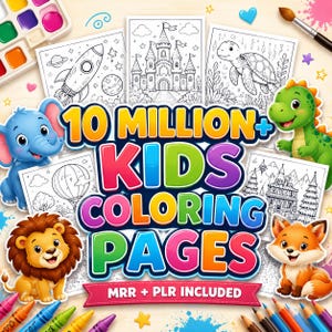 May include: A colorful image featuring coloring pages with various illustrations, including a rocket, castle, and animals. The text "10 MILLION+ KIDS COLORING PAGES" is prominently displayed, along with crayons and a watercolor palette.