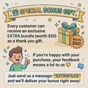 K&ouml;nnte beinhalten: Werbegrafik mit dem Text "SPECIAL BONUS GIFT" und einer Geschenkbox. Der Text besagt, dass Kunden ein exklusives Extra-Bundle als Dankesch&ouml;n-Geschenk erhalten. Eine Zeichentrickfigur gibt einen Daumen hoch.