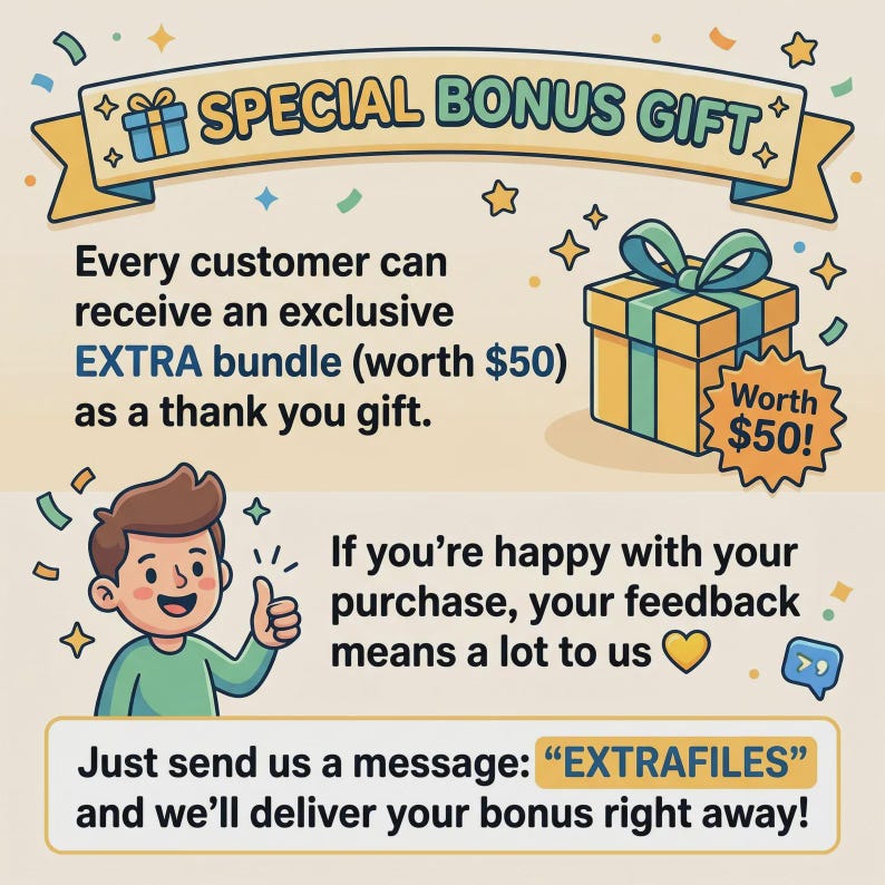 K&ouml;nnte beinhalten: Werbegrafik mit dem Text "SPECIAL BONUS GIFT" und einer Geschenkbox. Der Text besagt, dass Kunden ein exklusives Extra-Bundle als Dankesch&ouml;n-Geschenk erhalten. Eine Zeichentrickfigur gibt einen Daumen hoch.