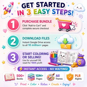 May include: An instructional graphic titled GET STARTED IN 3 EASY STEPS! detailing a process: 1. PURCHASE BUNDLE, 2. DOWNLOAD FILES via Google Drive, 3. START COLORING OR SELLING! Includes icons of a shopping cart, cloud, coloring book, and money bag.