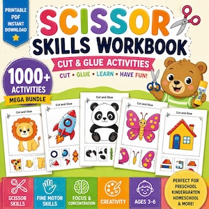 May include: A Scissor Skills Workbook featuring 1000+ cut and glue activities for children. The cover displays a cartoon bear, a rocket, a panda, a butterfly, and a house. Text includes 'SCISSOR SKILLS WORKBOOK', 'CUT & GLUE ACTIVITIES', and 'AGES 3-6'.