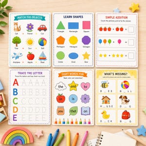 Puede incluir: Seis tarjetas de actividades educativas con ilustraciones coloridas y texto. Las tarjetas incluyen Match the Objects, Learn Shapes, Simple Addition, Trace the Letter, Sight Words Fun y What's Missing, dise&ntilde;adas para el aprendizaje temprano.