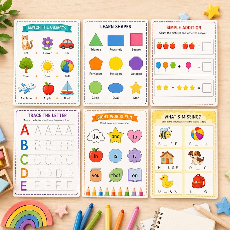 Puede incluir: Seis tarjetas de actividades educativas con ilustraciones coloridas y texto. Las tarjetas incluyen Match the Objects, Learn Shapes, Simple Addition, Trace the Letter, Sight Words Fun y What's Missing, dise&ntilde;adas para el aprendizaje temprano.