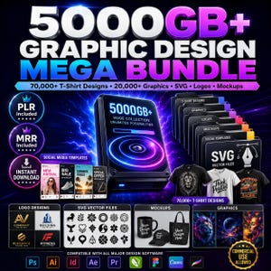 Paquete Mega de Diseño Gráfico de 5000 GB con derechos de reventa (PLR/MRR) / 20 000 gráficos, archivos SVG, diseños de camisetas, logotipos, plantillas y maquetas.