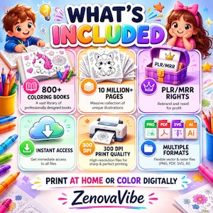 May include: A digital product advertisement titled WHAT'S INCLUDED featuring 800+ coloring books, 10 million+ pages, PLR/MRR rights, instant access, 300 DPI print quality, and multiple file formats like PNG, PDF, SVG, and AI by ZenovaVibe.