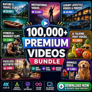 Puede incluir: Un gráfico digital de paquete con el texto 100,000+ PREMIUM VIDEOS BUNDLE. Muestra varias categorías que incluyen naturaleza, motivación, lujo, fitness, frutas parlantes con IA, estética sin rostro y carretes de animales con iconos de descarga.