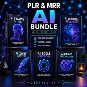 Può includere: Un pacchetto di prodotti digitali intitolato PLR & MRR AI BUNDLE che include cinque guide: AI Creator Guide, AI Business Blueprint, AI Content Mastery, AI Tools Handbook e Affiliate Automation. Ogni copertina mostra grafiche al neon blu su sfondo nero.