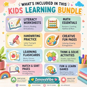K&ouml;nnte beinhalten: Ein farbenfrohes Lernpaket f&uuml;r Kinder mit dem Text "What's Included in This Kids Learning Bundle". Enth&auml;lt Arbeitsbl&auml;tter, Mathe-Grundlagen, Schreib&uuml;bungen, kreative Spa&szlig;seiten, Lernkarten, Denk- und L&ouml;sungsaktivit&auml;ten sowie Spiele.