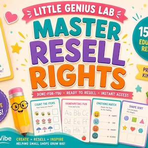 May include: A digital graphic titled Little Genius Lab Master Resell Rights featuring 15,000+ educational resources for pre-school to kindergarten. Includes a checklist, four bonus icons, a cartoon pencil, and four sample worksheets.
