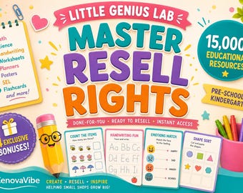 May include: A digital graphic titled Little Genius Lab Master Resell Rights featuring 15,000+ educational resources for pre-school to kindergarten. Includes a checklist, four bonus icons, a cartoon pencil, and four sample worksheets.