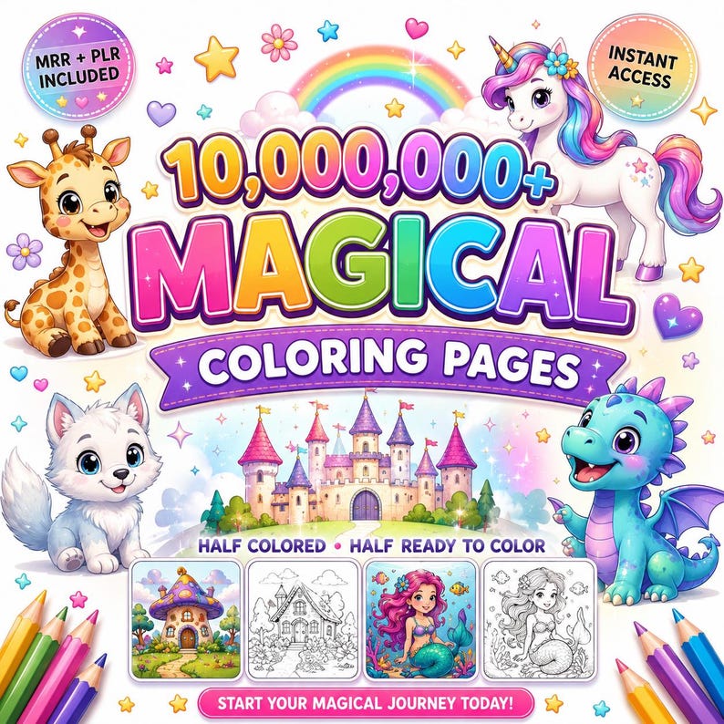 May include: A digital collection of 10,000,000+ magical coloring pages featuring a giraffe, unicorn, wolf, and dragon. The graphic includes a castle, four sample images, and text stating MRR + PLR INCLUDED, INSTANT ACCESS, and START YOUR MAGICAL JOURNEY TODAY!