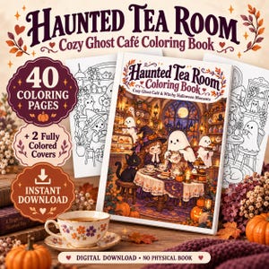 Può includere: Un libro da colorare digitale intitolato Haunted Tea Room Cozy Ghost Café Coloring Book con 40 pagine da colorare e 2 copertine a colori. La copertina mostra una strega e dei fantasmi a un tavolo con tè e dolci in un caffè.