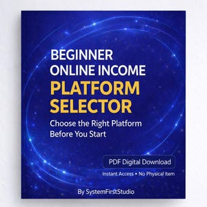 May include: A digital product cover with a dark blue background and glowing light effects. The title reads "BEGINNER ONLINE INCOME PLATFORM SELECTOR" in white and yellow text. The cover also includes the text "Choose the Right Platform Before You Start."