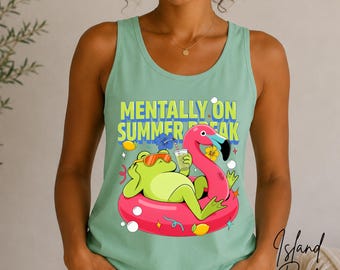 Camiseta sin mangas "Mentalmente en vacaciones de verano", divertida camiseta de rana para vacaciones, linda camiseta gráfica de flamencos de verano, atuendo para viaje a la playa CCTT- D009