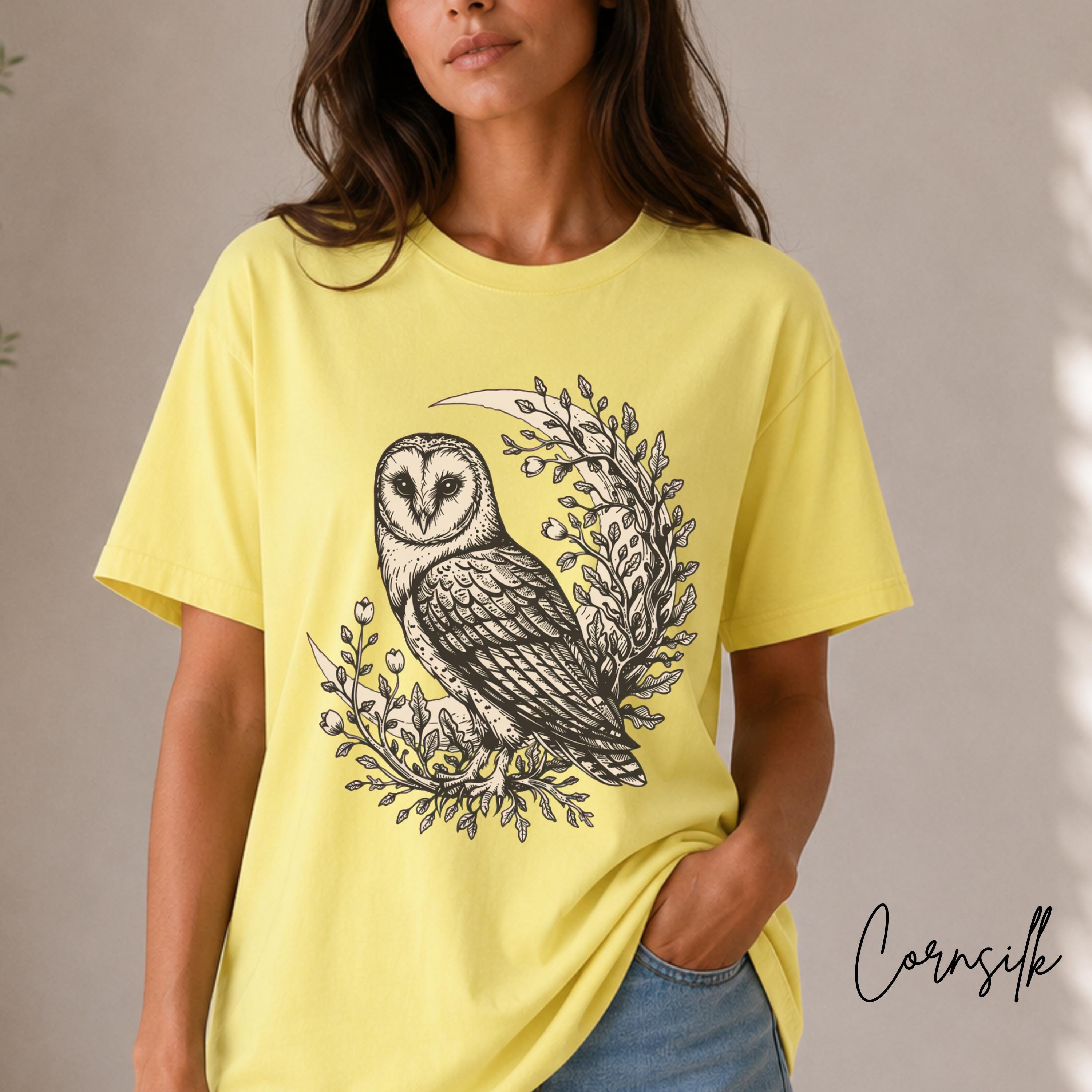 Celestial Cottagecore Barn Owl Moon Shirt, Woodland Nature Graphic Tee, Owl Comfort Colors Adult Uni
