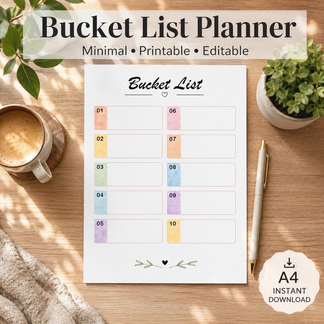 Bucket List Planner Printable & Editable A4 | Dream Life Goal Tracker ...