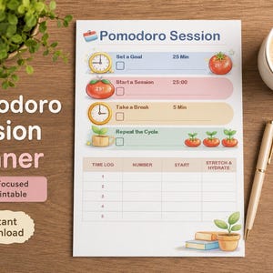 Könnte beinhalten: Ein Pomodoro-Sitzungsplaner mit dem Titel oben. Der Planer enthält Abschnitte zum Festlegen von Zielen, zum Starten von Sitzungen, zum Einlegen von Pausen und zum Wiederholen von Zyklen. Eine Tasse Kaffee und ein Stift liegen auf der Holzoberfläche.